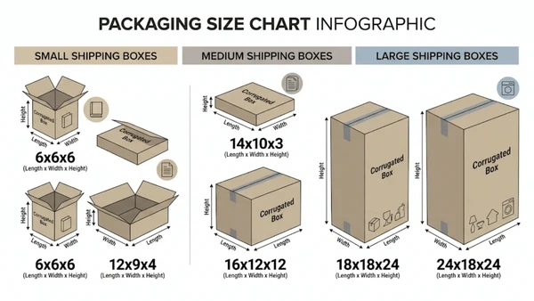 Infographic comparing common small medium and large standard shipping box sizes Infographic comparing common small medium and large standard shipping box sizes